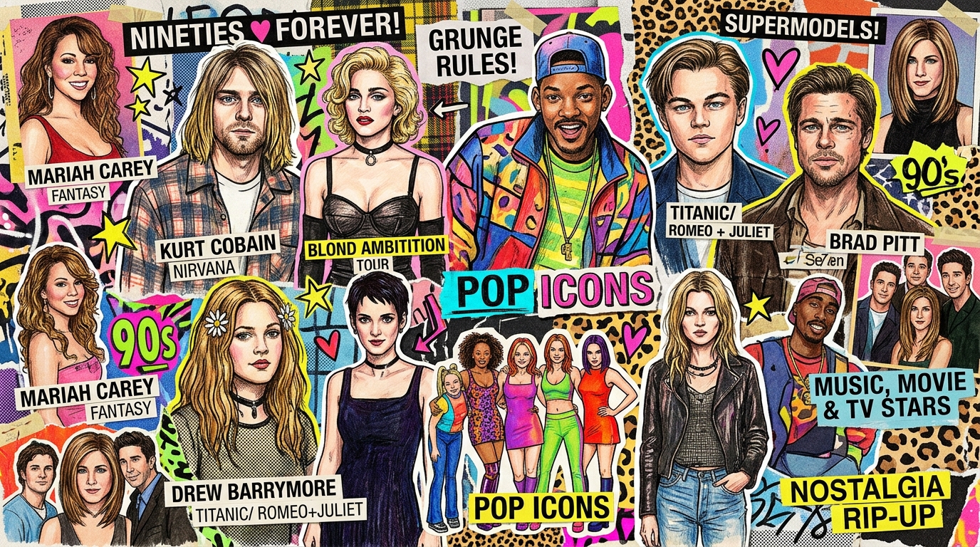 Collage of 90s celebrities