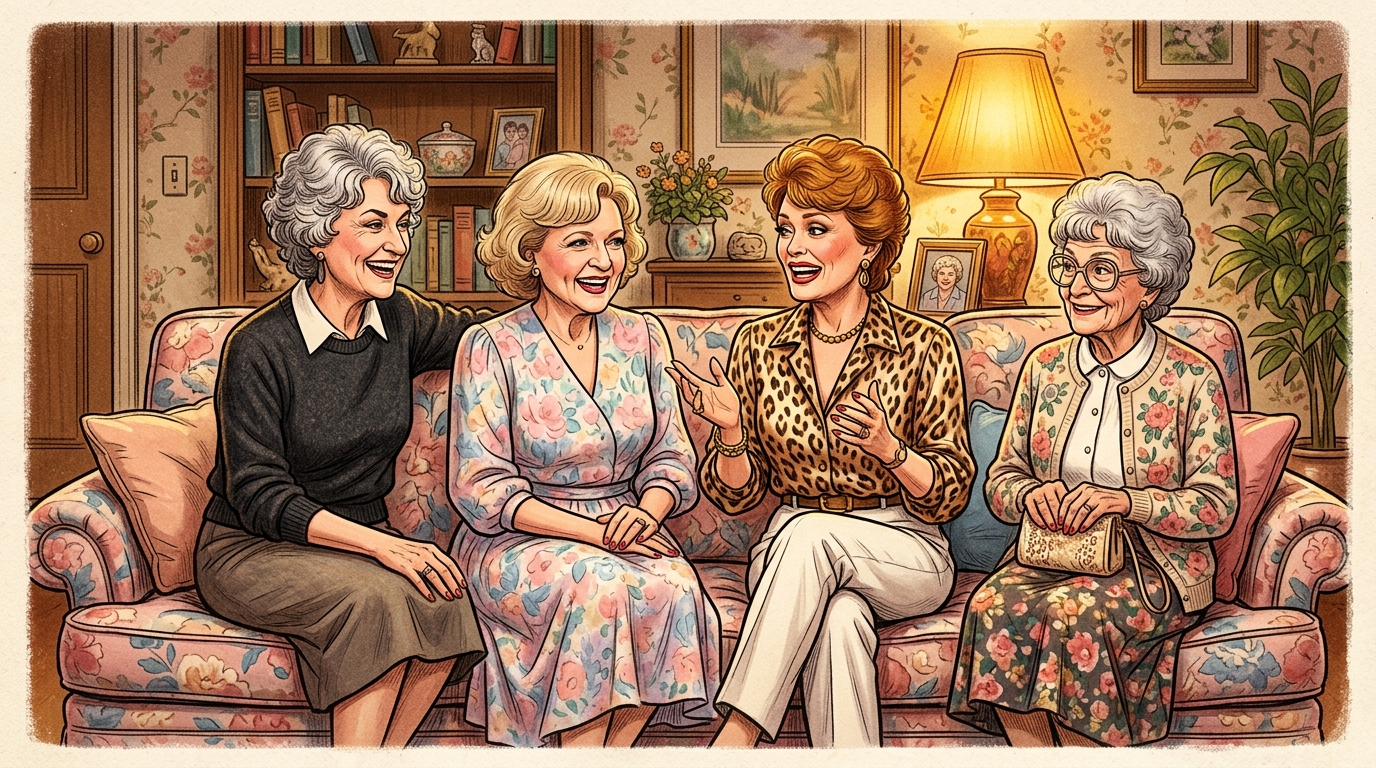 The Golden Girls cast sitting together on their iconic couch